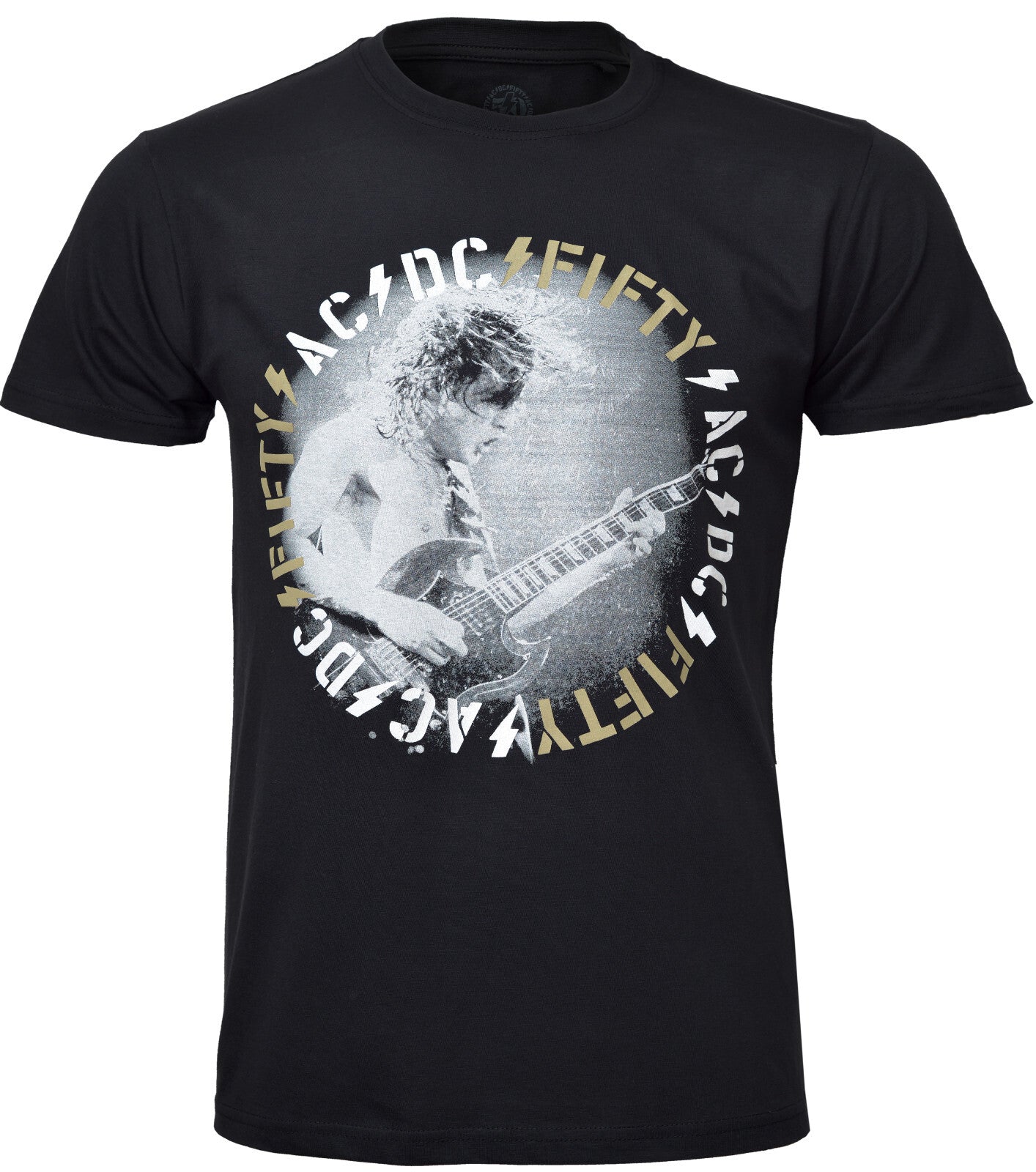Black 50th Anniversary AC DC t-shirt with AC/DC Angus Young graphic design on the front