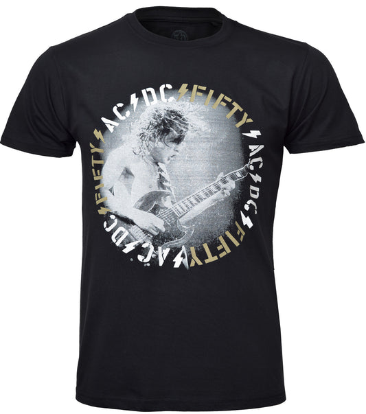 Black 50th Anniversary AC DC t-shirt with AC/DC Angus Young graphic design on the front