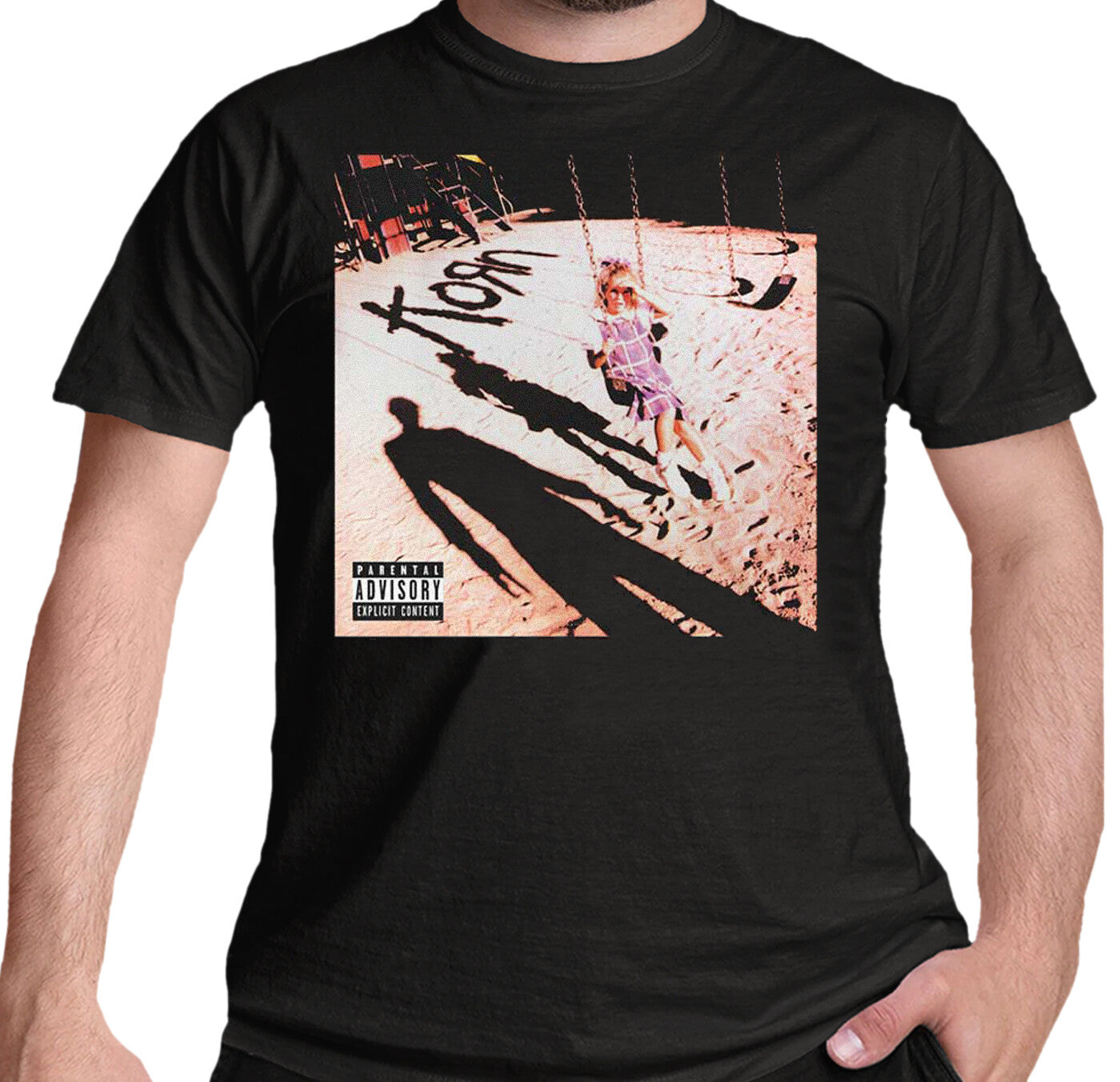 official korn t shirt in black with debut album cover art on the front