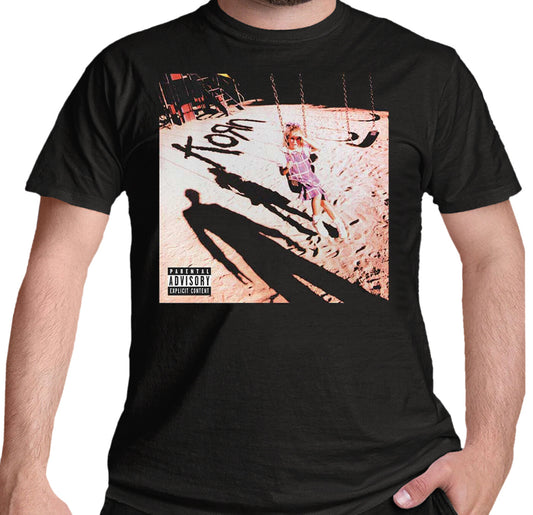 official korn t shirt in black with debut album cover art on the front