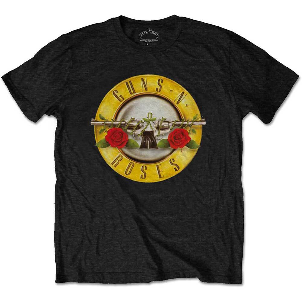 Official Guns N' Roses Classic Bullet Logo Black T-Shirt laid flat— Axl Rose Slash Appetite for Destruction Welcome to the Jungle