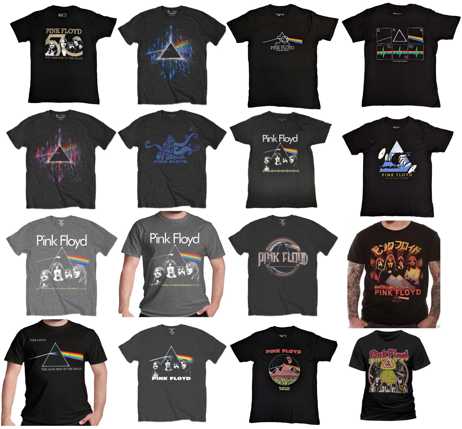 Collection of Pink Floyd-themed t-shirts displayed in a grid with people wearing them.