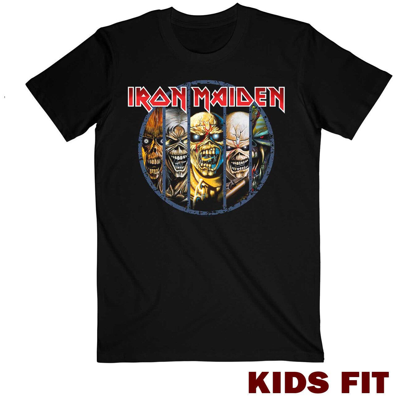 black officially licensed iron maiden eddie evolution childrens t shirt with a front graphic of various eddie characters and iron maiden band ogo on the front
