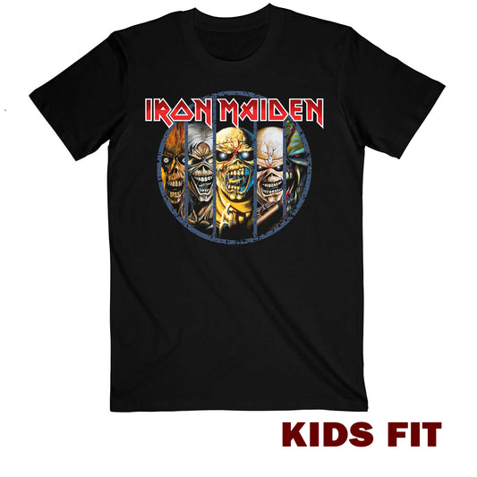 black officially licensed iron maiden eddie evolution childrens t shirt with a front graphic of various eddie characters and iron maiden band ogo on the front