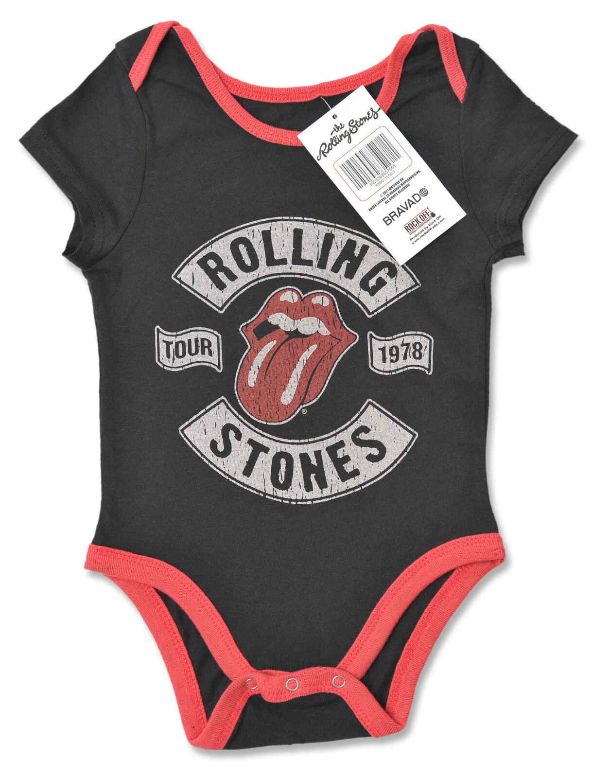 Black baby onesie with Rolling Stones logo and text, on a white background