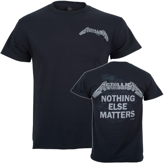 a black official metallica t shirt with front and back print featuring a logo on the front chest and large metallica nothing else matters print on the back