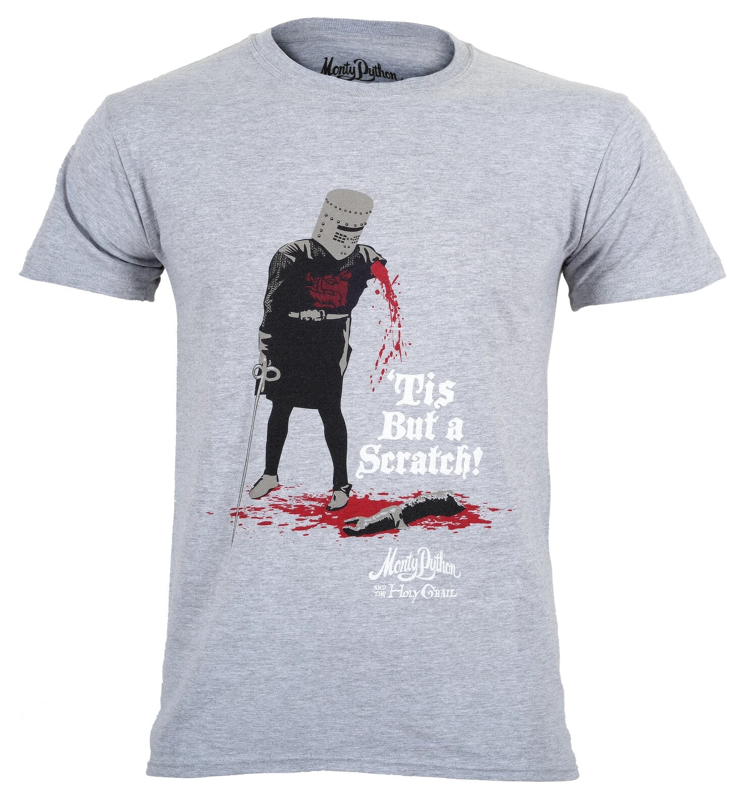 Official Monty Python and the Holy Grail grey t shirt with knight and tis just a scratch graphic on front