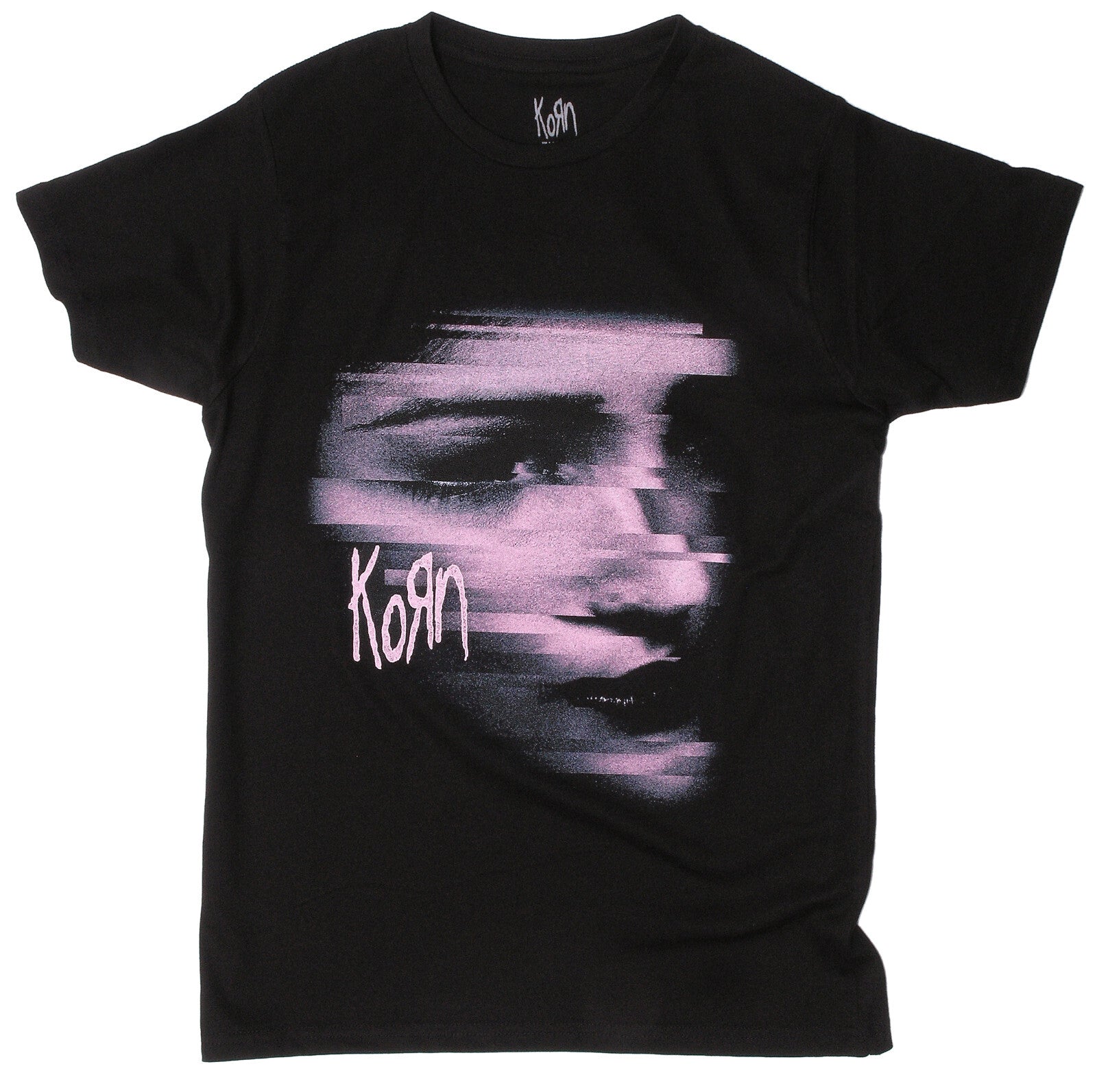official Korn T Shirt with a graphic print on the front with the band logo and a chopped up photo of  a face