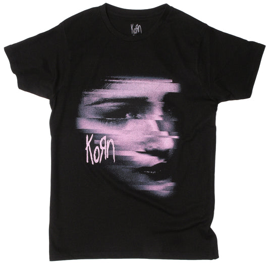 official Korn T Shirt with a graphic print on the front with the band logo and a chopped up photo of  a face