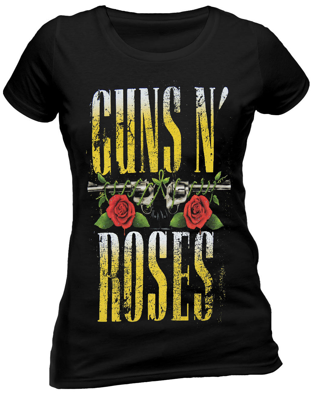 an official guns and roses ladies black t shirt with big guns graphic print and guns n roses text