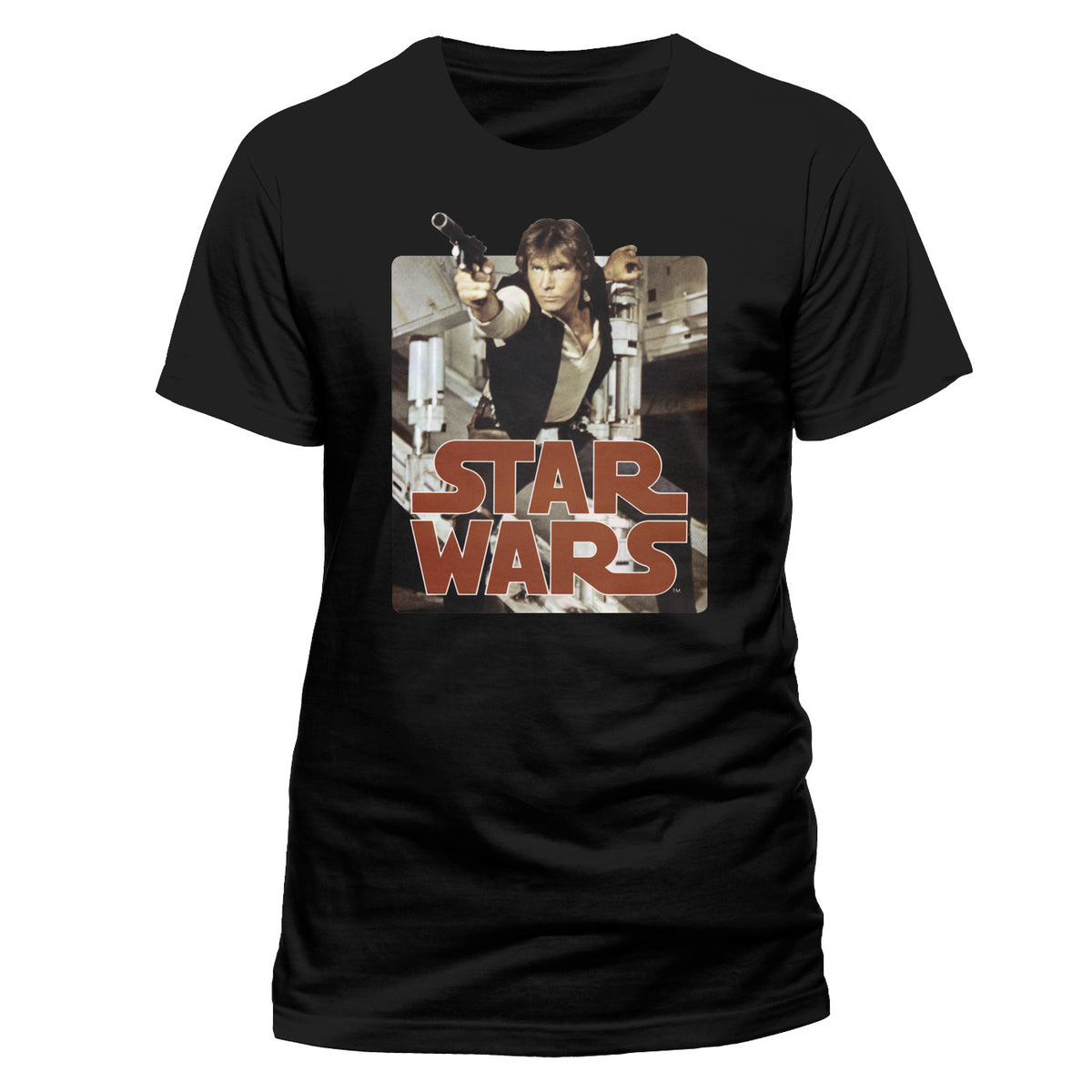 Star Wars official T shirt featuring a photo print of Harrison Ford as Han Solo pointing a blaster weapon