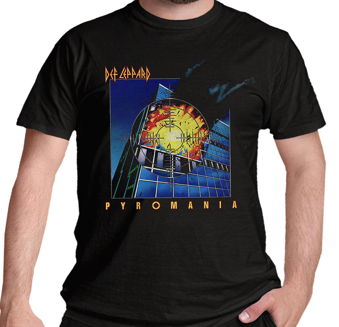 black Def Leppard T shirt Pyromania Album cover art officially licensed print on the front