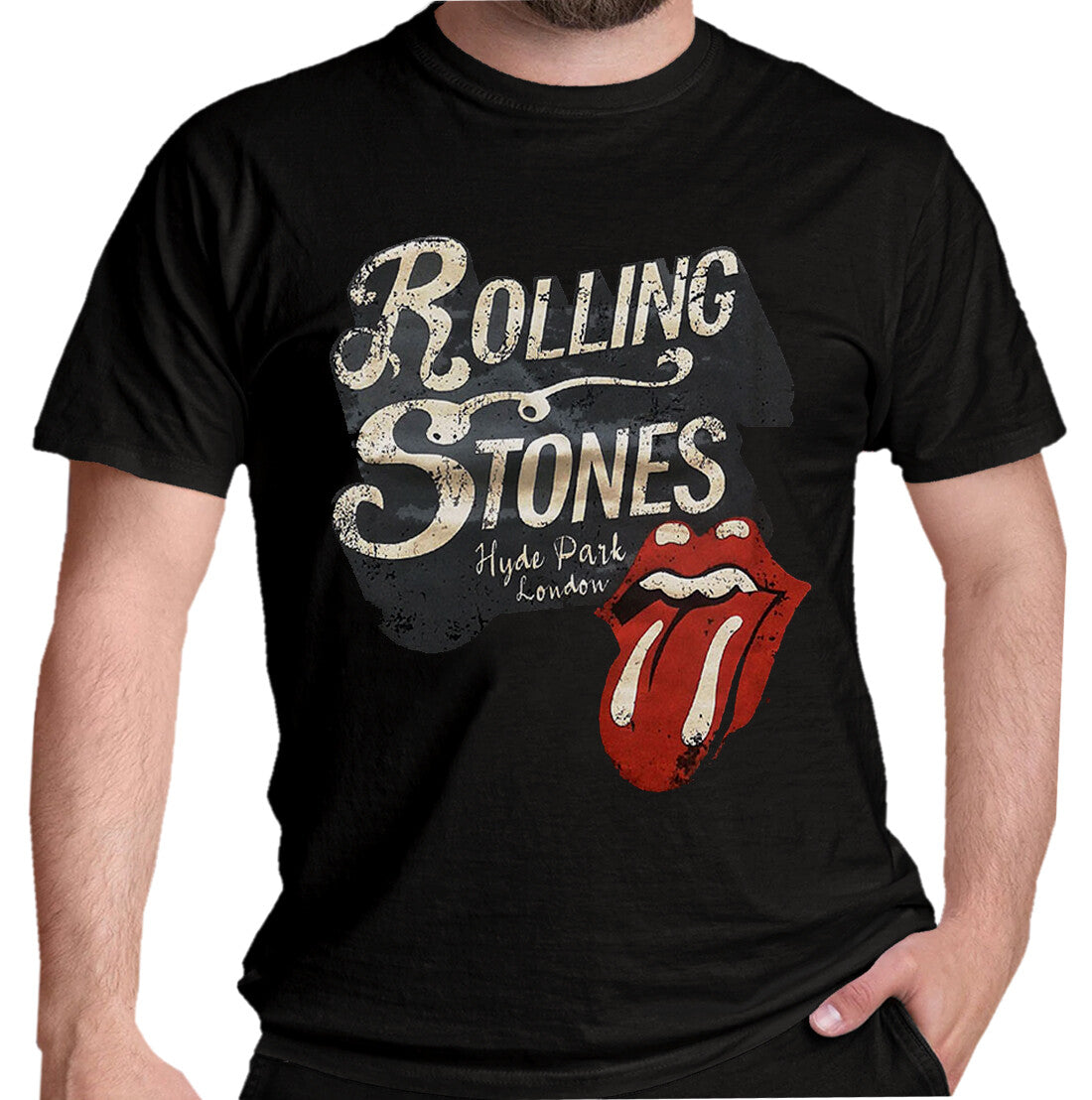  a black officially licensed Rolling Stones T shirt with the bands logo, the iconic tongue lick graphic and Hyde Park London on the front