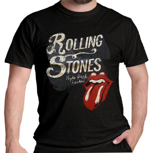  a black officially licensed Rolling Stones T shirt with the bands logo, the iconic tongue lick graphic and Hyde Park London on the front