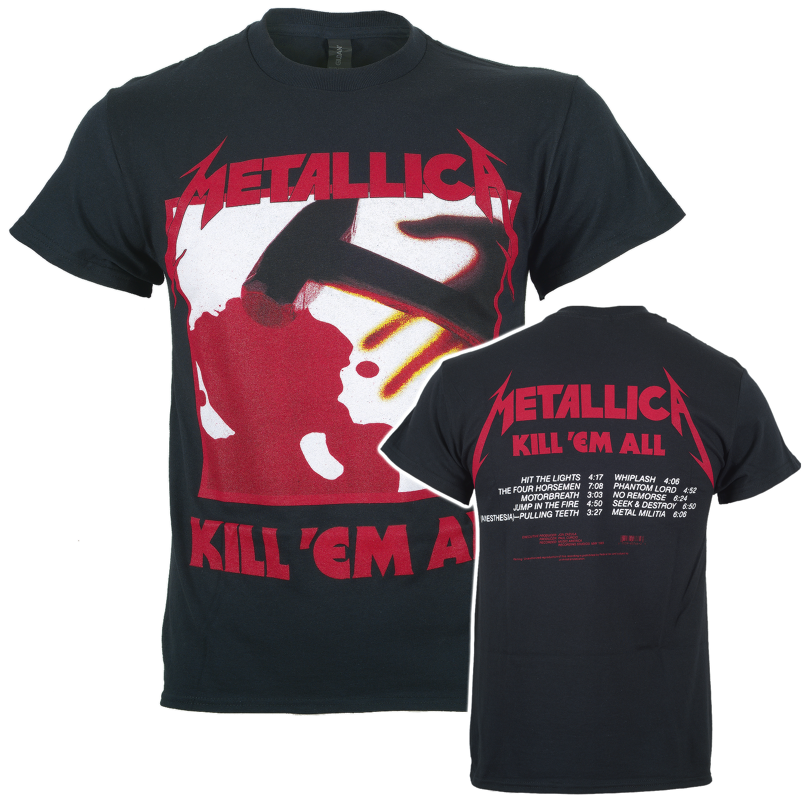 Official Metallica Black t-shirt with Metallica Kill em All  album graphic design on front and track listing on the back 