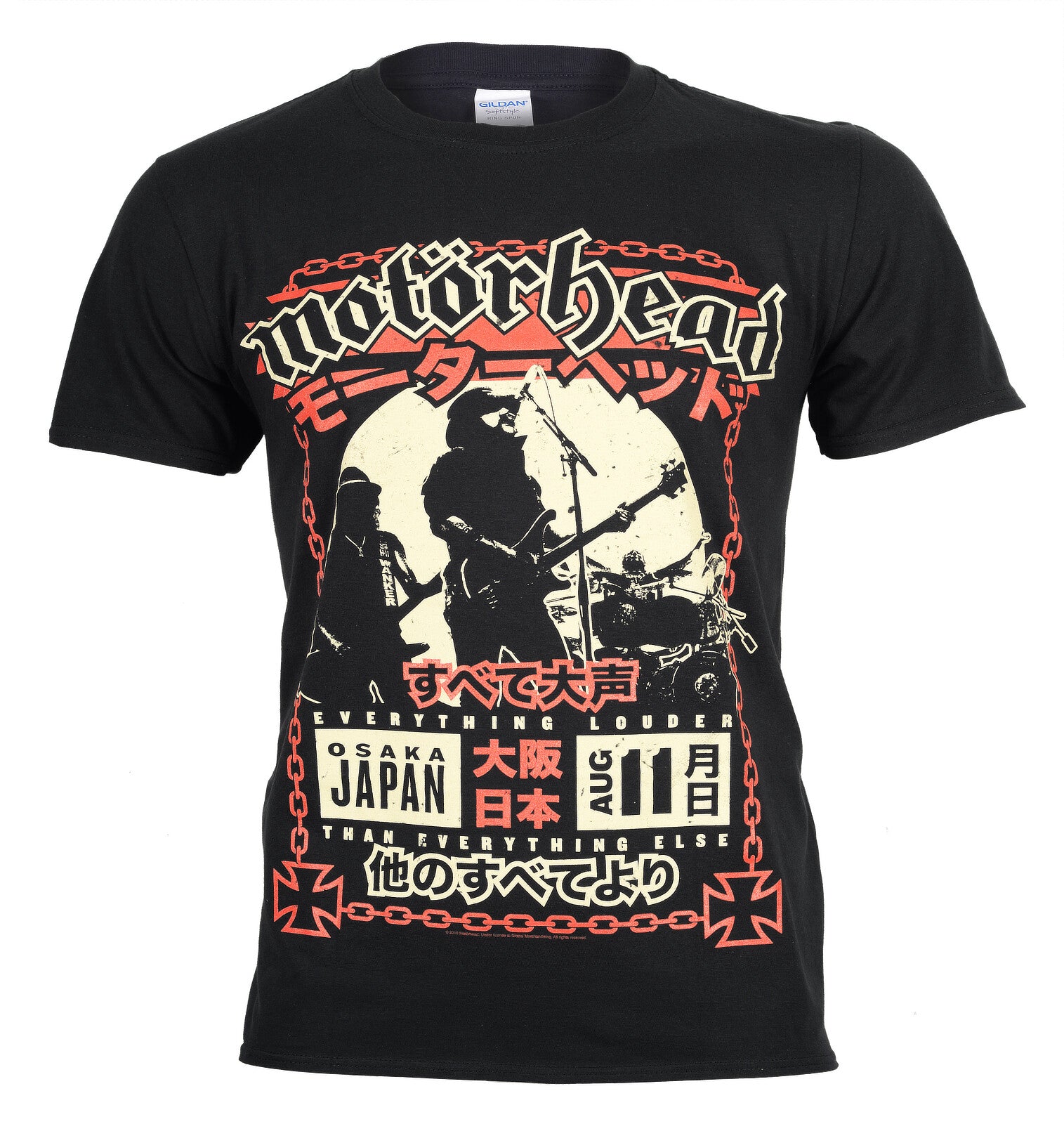 Official Black t-shirt with 'Motorhead' Live in Osaka Japan graphic front design on a white background