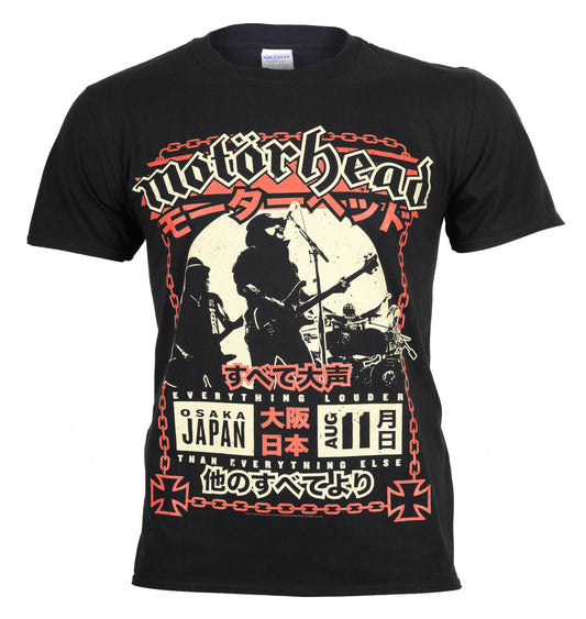 Official Black t-shirt with 'Motorhead' Live in Osaka Japan graphic front design on a white background
