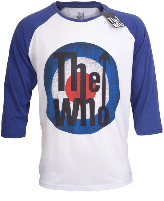 An official The Who Baseball shirt with the target who logo on the front n blue and white