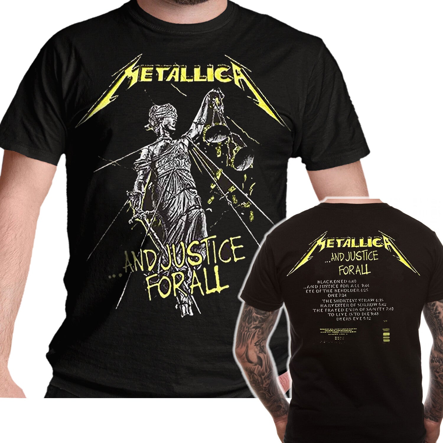 Official Metallica And Justice for All Tracks t Shirt in black with a front print of their iconic album artwork and the back featuring the album tracks