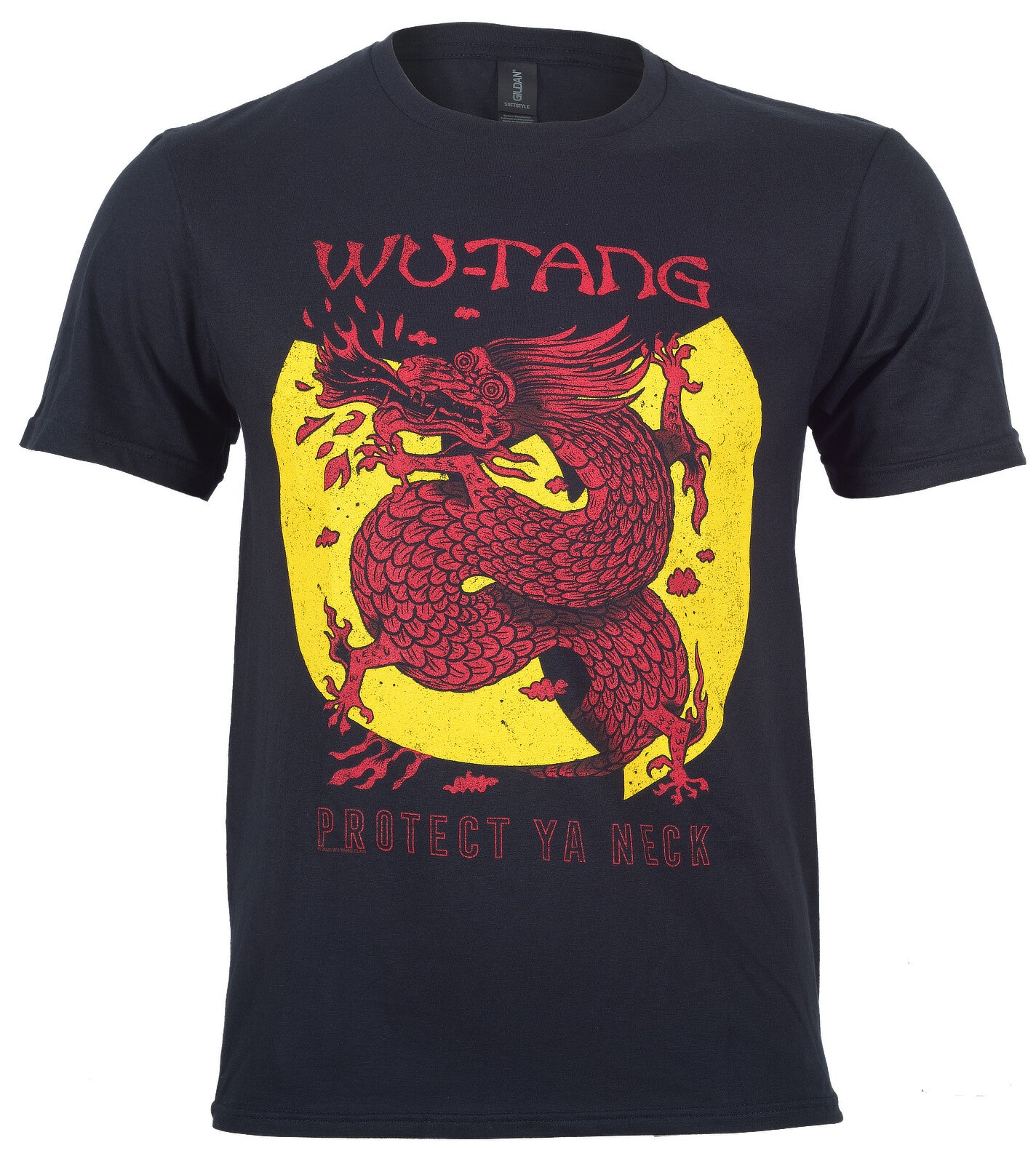 Black official Wu Tang Clan t-shirt with red dragon graphic and protect ya neck text on the front