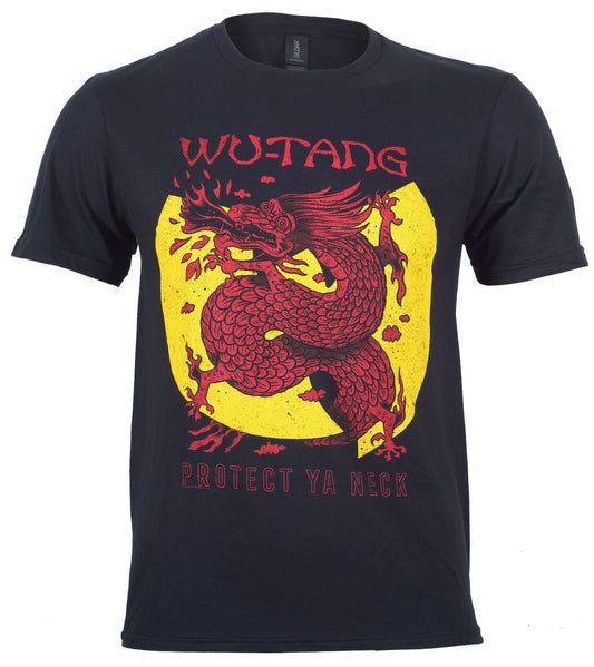 Black official Wu Tang Clan t-shirt with red dragon graphic and protect ya neck text on the front