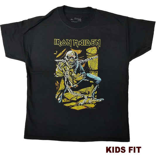 a black iron maiden childrens t shirt with the piece of mind album cover artwork on the front