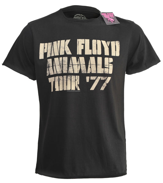 premium reckless mock raw edge hem and sleeve t shirt with Pink Floyd Animals tour 1977 text on the front