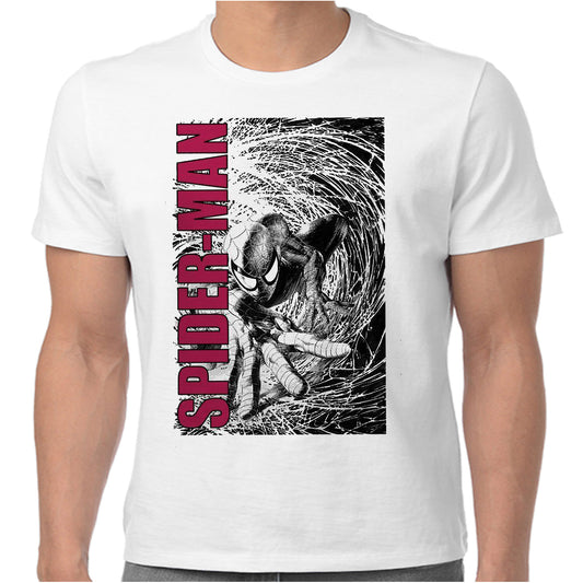 official white spider man t shirt showing a black and white spider man graphic with colour spider man text