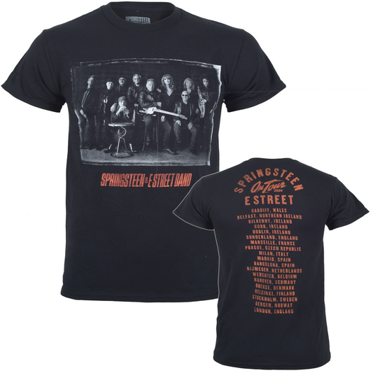 black official Bruce Springsteen ex tour  T Shirt with a photo of the boss with the e street band and the 2024 tour locations on the back