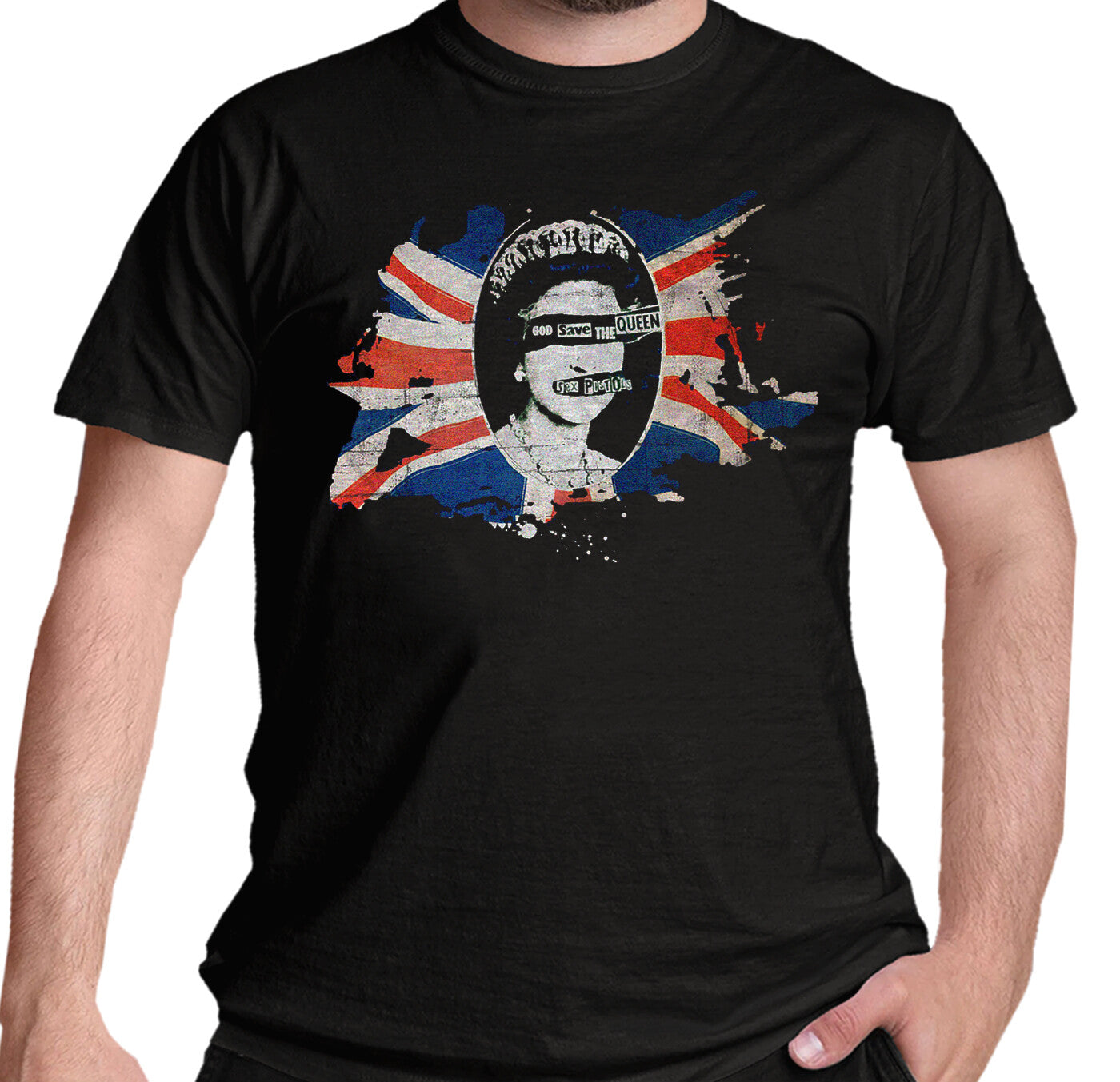 Official Sex Pistols God Save the Queen Black t-shirt graphic design featuring a The Queen and British flag 