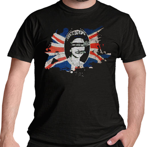 Official Sex Pistols God Save the Queen Black t-shirt graphic design featuring a The Queen and British flag 