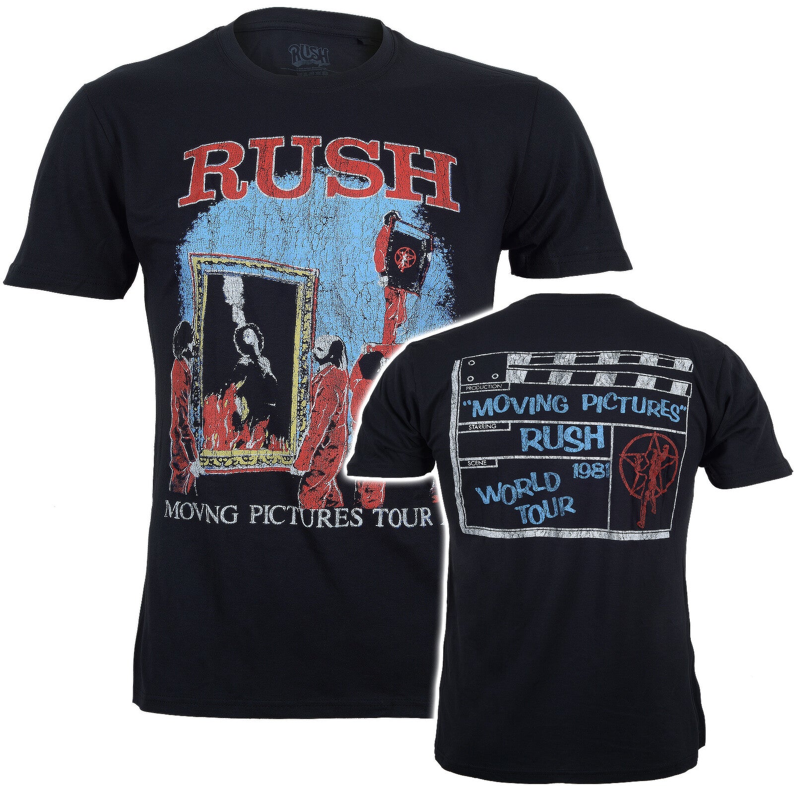 Official Black Rush t-shirt with Rush Moving Pictures band graphic on front and 1981 Moving PIctures WOrld Tour on a clapper board graphic on back