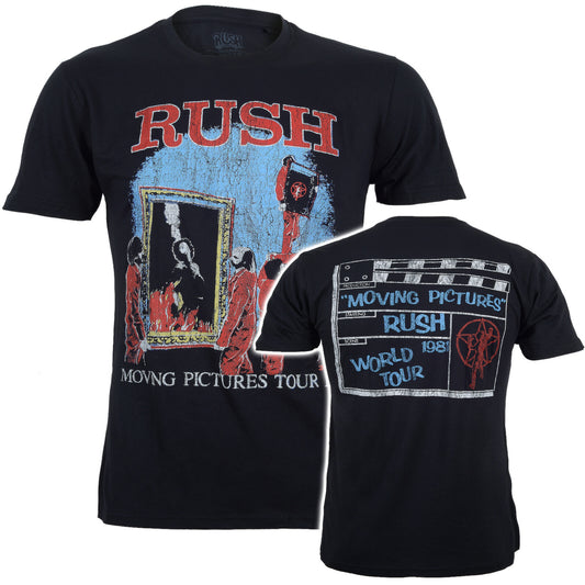 Official Black Rush t-shirt with Rush Moving Pictures band graphic on front and 1981 Moving PIctures WOrld Tour on a clapper board graphic on back