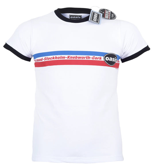 an official Oasis ringer t shirt in white with a horizontal stripe graphic design with tour locations, the year 1996 and an oval black and white oasis logo 