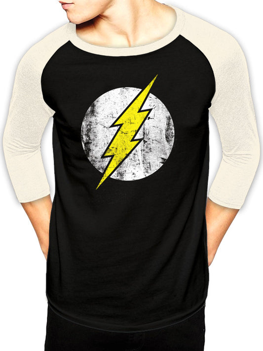 Black baseball tee with yellow lightning bolt design on a white background