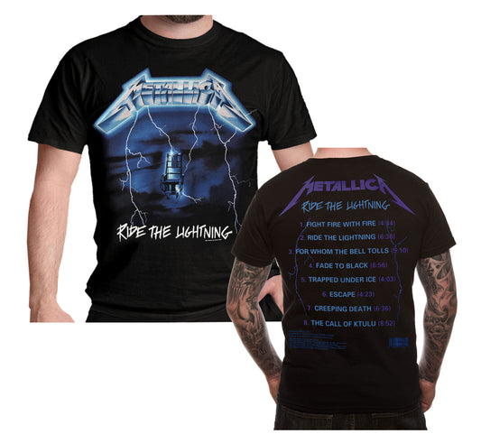 An official Metallica ride the lightning t shirt with a front and back print featuring the ride the lightning Metallica graphic electric chair on the front and track titles on the back