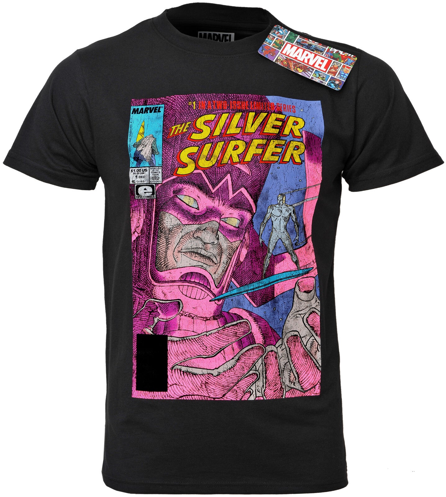 Black Marvel Silver Surfer t-shirt front view showing comic #1 cover print with Galactus