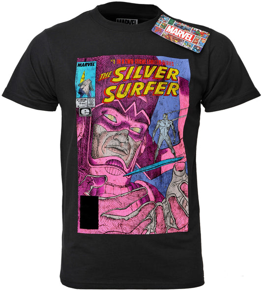 Black Marvel Silver Surfer t-shirt front view showing comic #1 cover print with Galactus