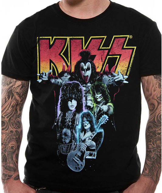 Black t-shirt with official KISS band neon graphic design and logo on a person wearing it.