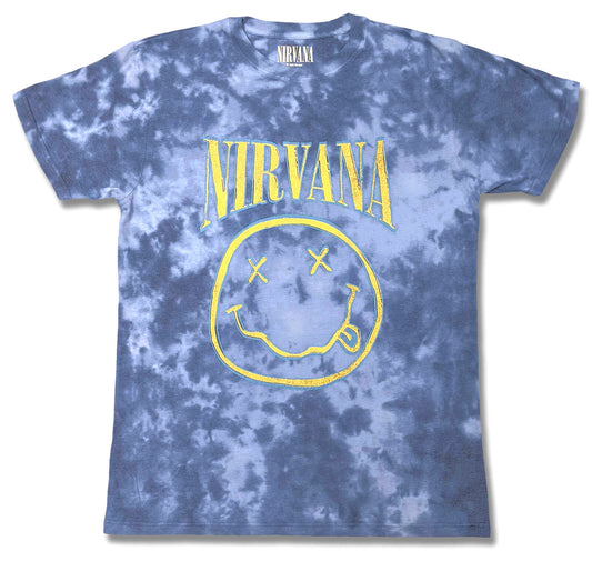 Official Blue Tie Dye Nirvana  t shirt with Nirvana text logo and Smile happy face graphic on front