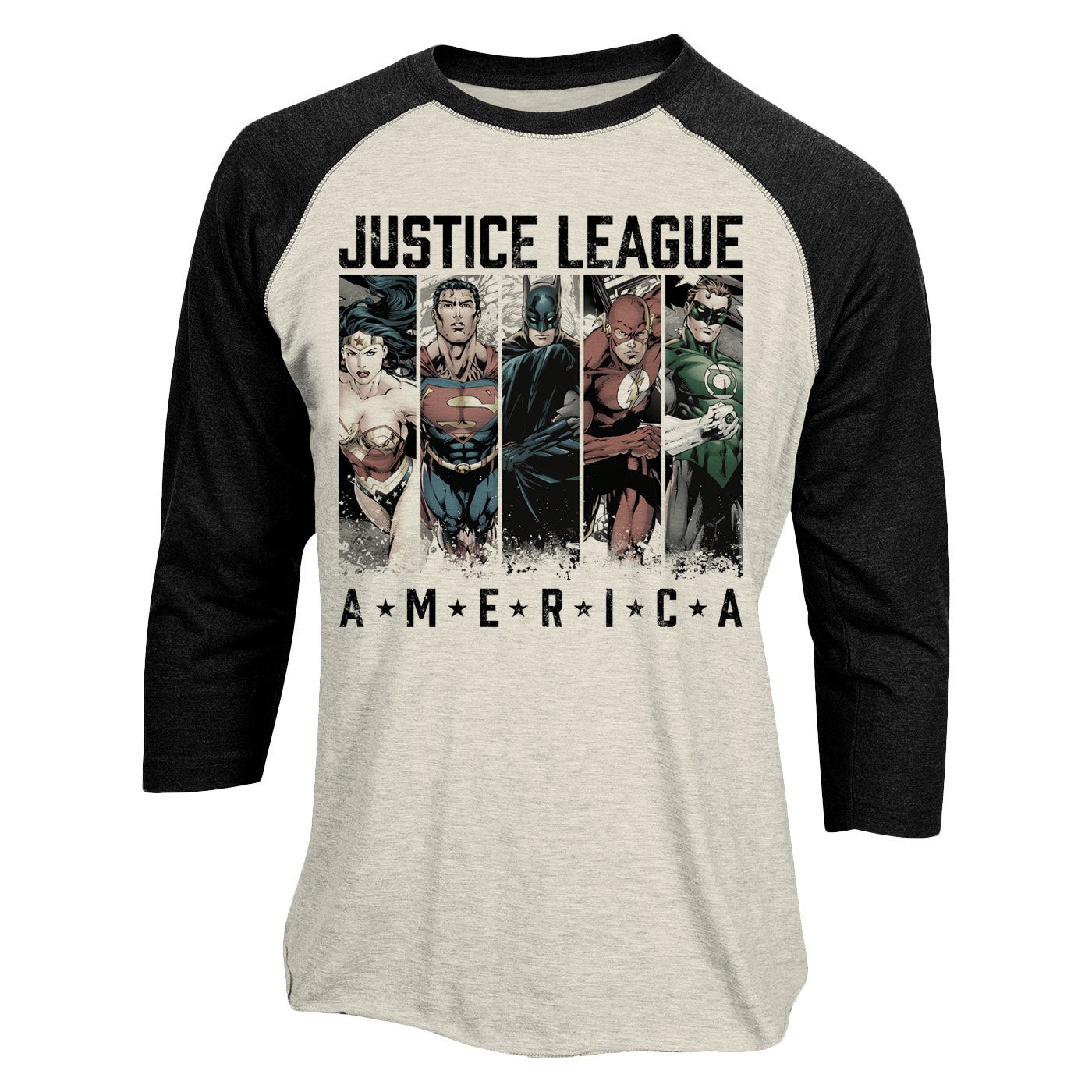 an official DC comics baseball shirt with justice league of america superman wonder woman batman the flash and green lantern on the front