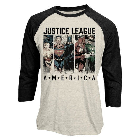 an official DC comics baseball shirt with justice league of america superman wonder woman batman the flash and green lantern on the front