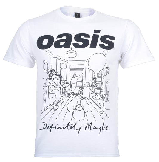  white official oasis t shirt with graphic print of definitely maybe album art in line drawing style on the front