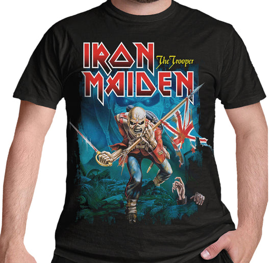 Official Iron Maiden black t-shirt with Eddie Trooper graphic featuring Eddie charging forward holding a sword and British flag.