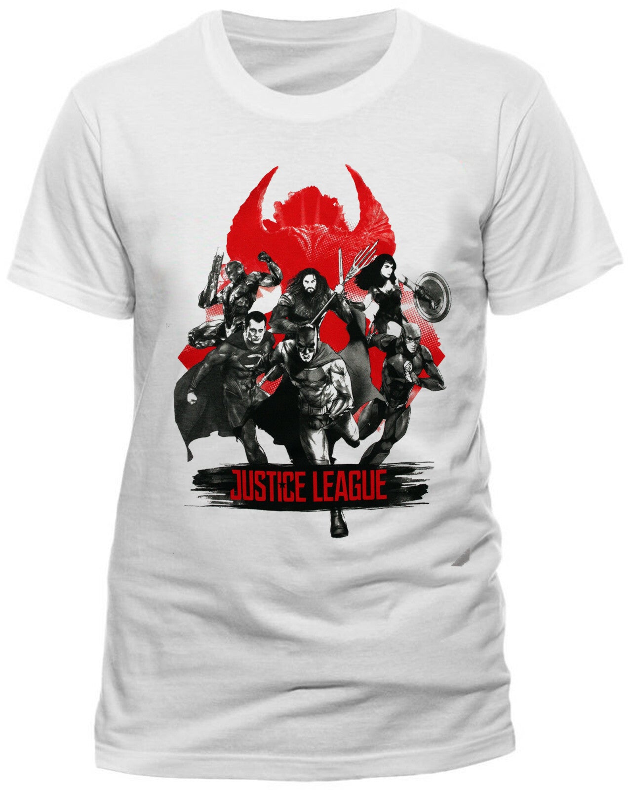 White t-shirt with Justice League graphic design on a white background
