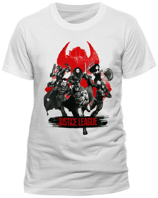 White t-shirt with Justice League graphic design on a white background