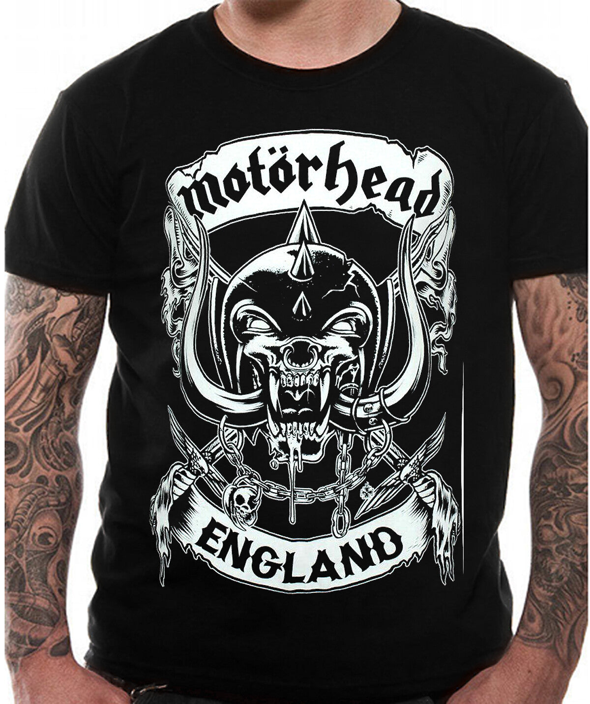 official black motorhead england t shirt with the snaggletooth warpig and a pair of crossed swords with logo and england on the front