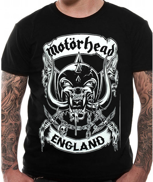 official black motorhead england t shirt with the snaggletooth warpig and a pair of crossed swords with logo and england on the front