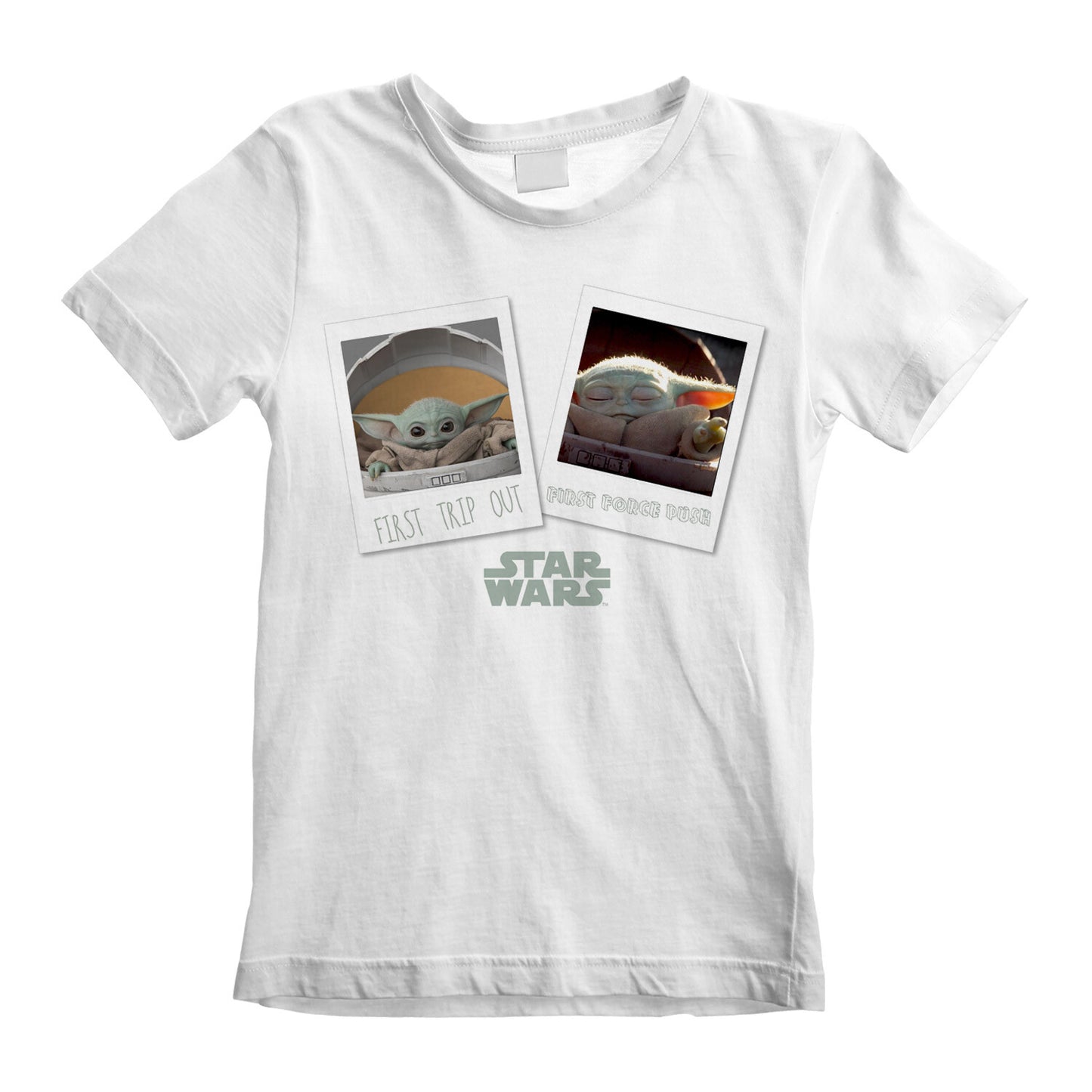 a white chidrens officially licensed Star Wars The Mandalorian T Shirt featuring Grogu the Child first trip out graphic images