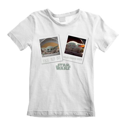 a white chidrens officially licensed Star Wars The Mandalorian T Shirt featuring Grogu the Child first trip out graphic images